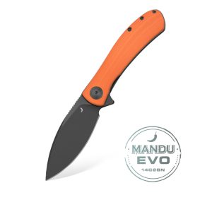 Trollsky Knives Mandu EVO Folding Knife MTE005 Liner Lock Black Stonewashed 14C28N Orange G10