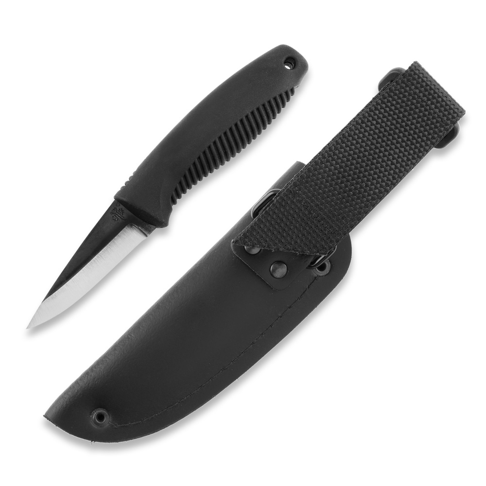 Nóż Peltonen Knives M23 Ranger Cub FJP300 Stal 80CrV2 Czarna Rękojeść TPE Czarna Skórzana Pochwa