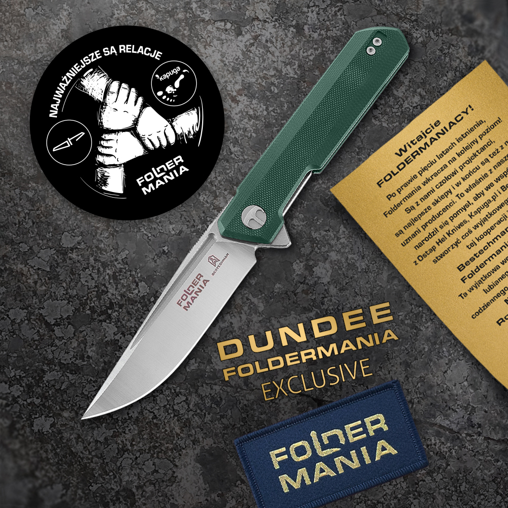 Nóż Składany Bestechman Dundee Foldermania Exclusive Stonewash / Satin D2 Green G10 BMK01S Plus Naszywka i Dodatki