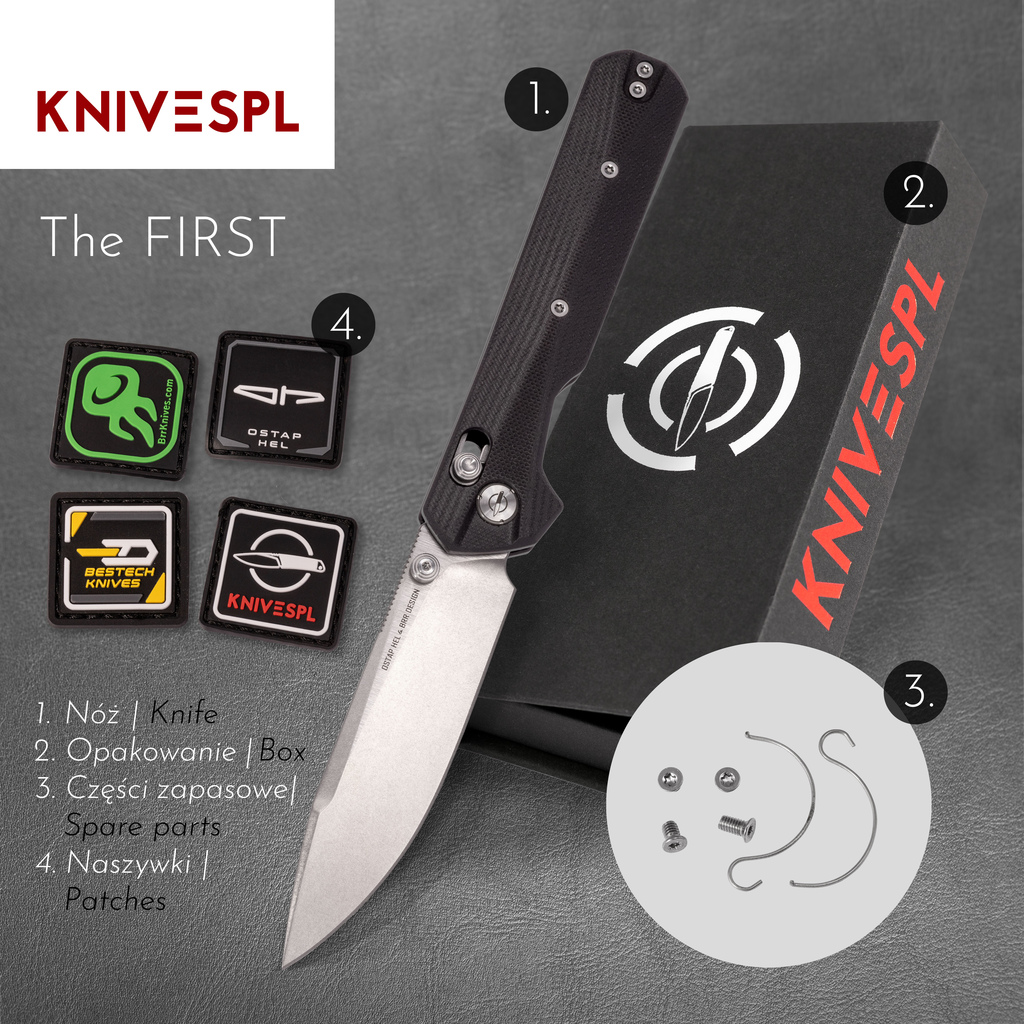 Nóż Składany KNIVESPL The First Black Stonewashed/Satin MagnaCut Black G10 Crossbar Lock Thumb Stud