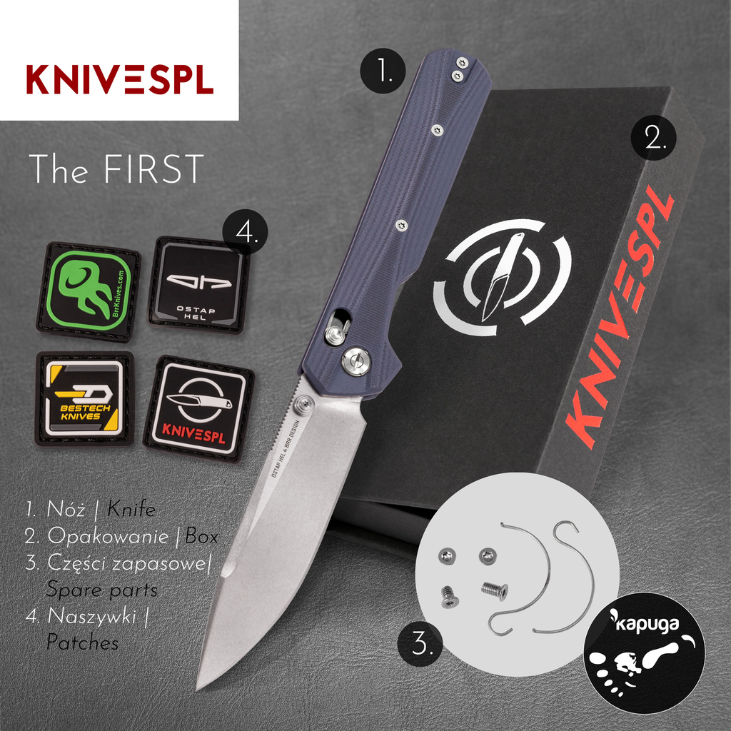 Nóż Składany KNIVESPL The First Stonewashed/Satin 14C28N Blue G10 Crossbar Lock Thumb Stud