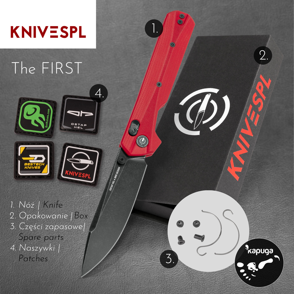 Nóż Składany KNIVESPL The First Black Stonewashed MagnaCut Red G10 Crossbar Lock Thumb Stud
