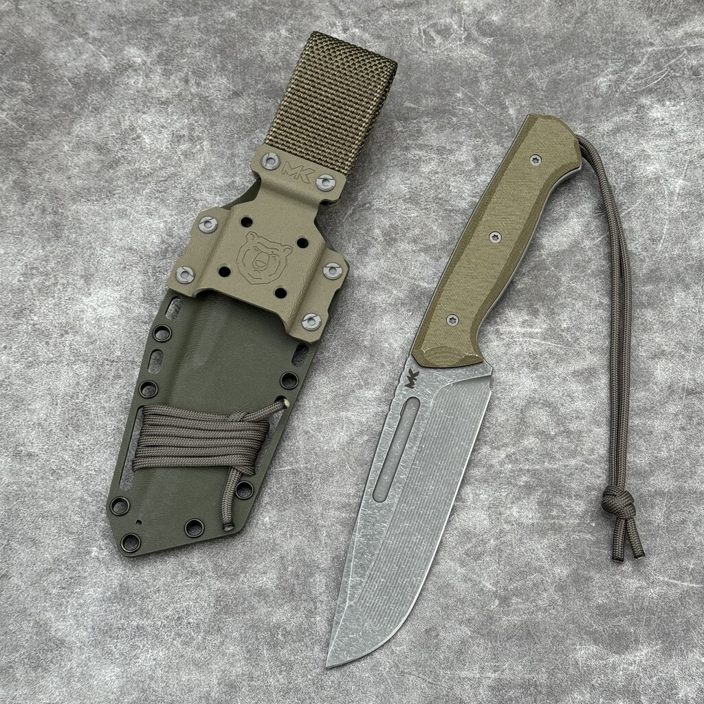 Nóż MK Knives & Tools Rambler "Fear The Bear" Stonewash Elmax Olive Canvas Micarta/Black G10 OD Green Kydex