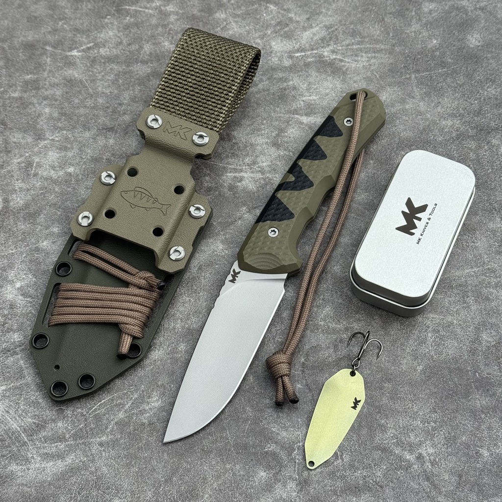 Nóż MK Knives & Tools Venn 'Angler: Perch - Titanium Spoon Lure/Color Brass' Bead Blasted Elmax OD Green G10 & Black Inserts Black Kydex