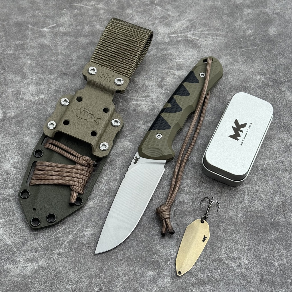 Nóż MK Knives & Tools Venn 'Angler: Perch - Titanium Spoon Lure/Color Bronze' Bead Blasted Elmax OD Green G10 & Black Inserts Black Kydex