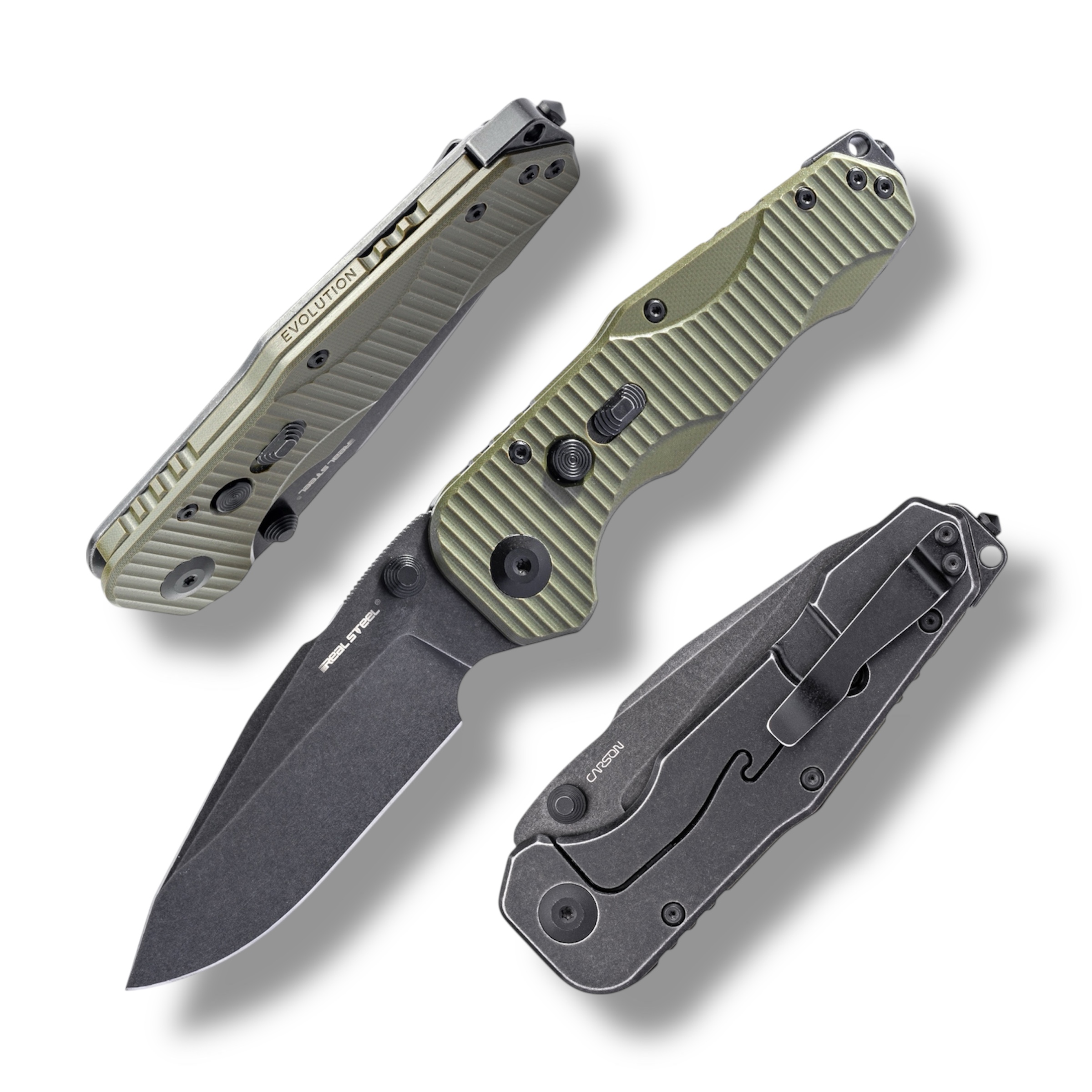 Nóż Składany Real Steel Evolution Ironclad 7911BG Drop Point Thumb Stud Frame Lock Blackwash D2 Steel & OD Green G10