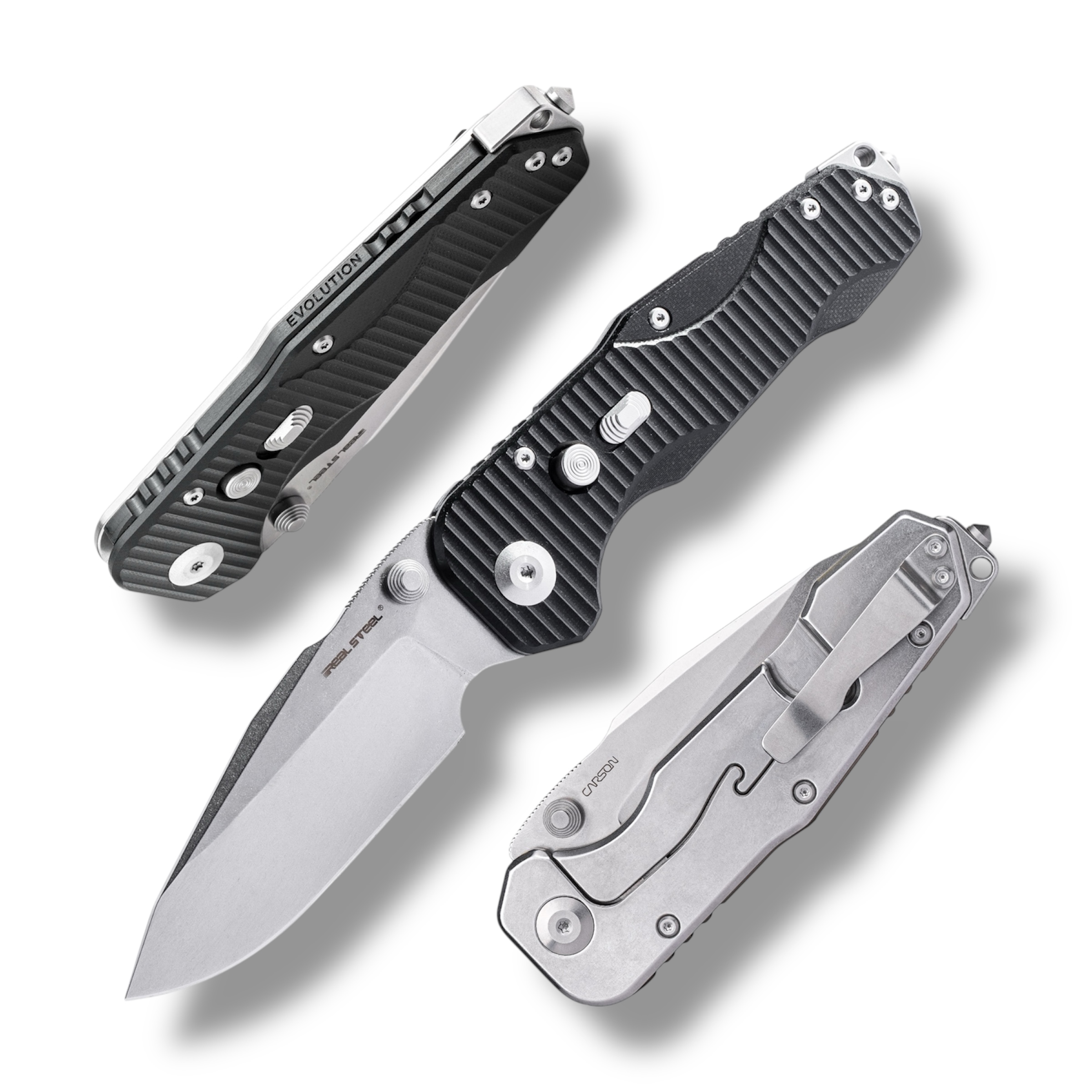 Nóż Składany Real Steel Evolution Ironclad 7911SB Drop Point Thumb Stud Frame Lock Stonewashed D2 Steel & Black G10