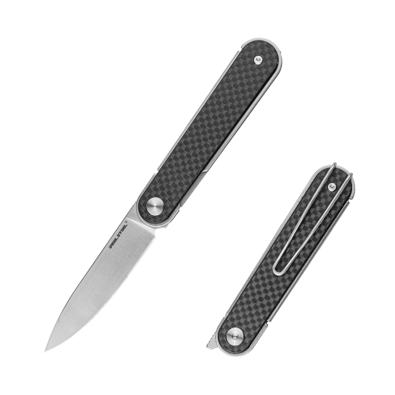 Nóż Składany Real Steel Iris 8061BF Front Flipper Liner Lock Satin 12C27 Black G10 & Carbon Fiber