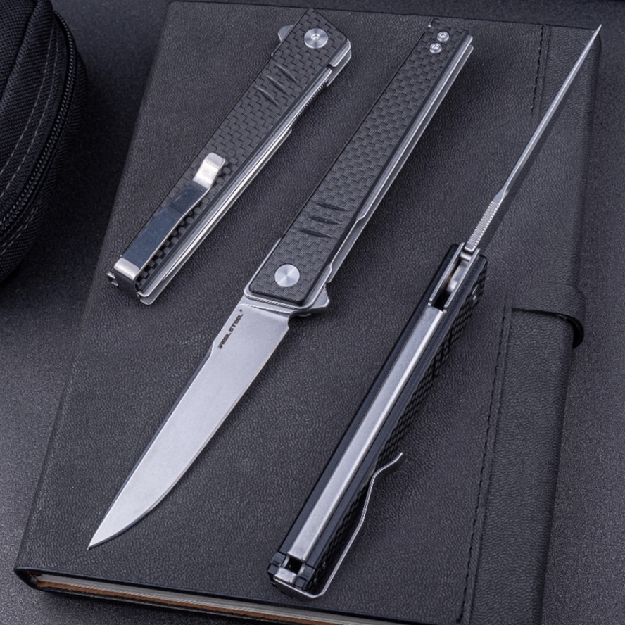 Nóż Składany Real Steel Kikashi 8071CS Flipper Liner Lock Flipper Stonewashed 14C28N Black G10 & Carbon Fiber