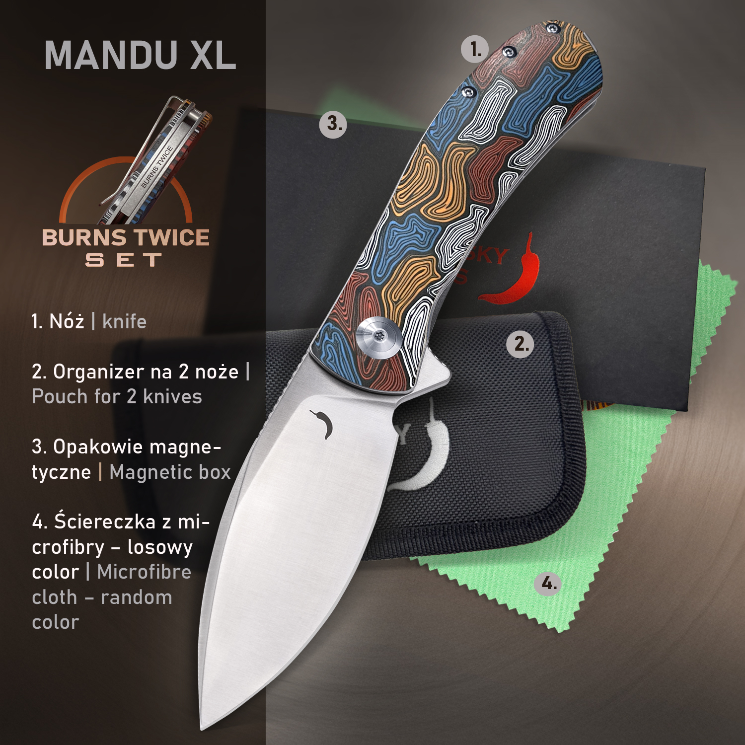 Zestaw Kolekcjonerski BURNS TWICE Trollsky Knives Nóż Składany Mandu XL MT024-XL Liner Lock Satin 14C28N Kaleidoscope Turtle G10 z dodatkami