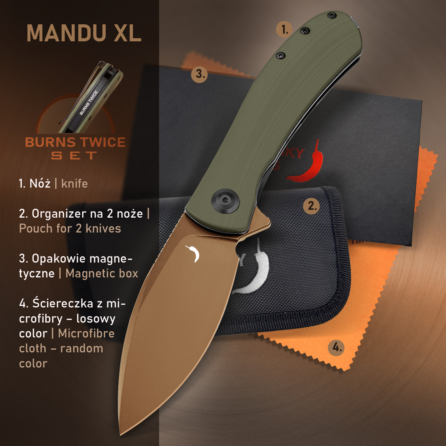 Zestaw Kolekcjonerski BURNS TWICE Trollsky Knives Nóż Składany Mandu XL MT025-XL Liner Lock Gold PVD 14C28N OD Green G10 z dodatkami