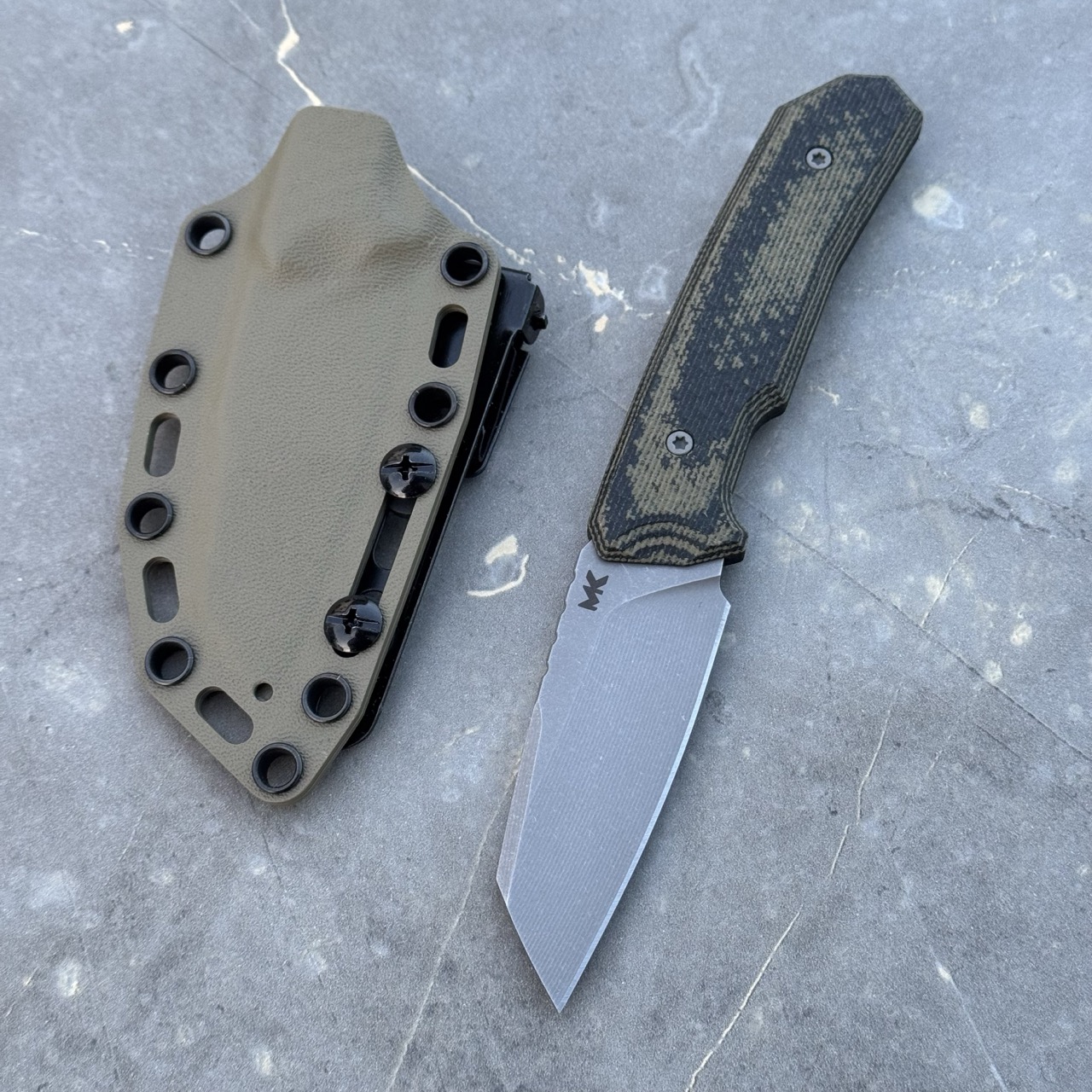 MK Knives & Tools - Flin MK-09.0020 01 Nóż MK Knives & Tools Flin "Expedition" Stonewash M390 OD Green/Black Micarta FDE Spring Kydex - obrazek 1