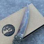 Nóż Williams Blade Design SZT 004 Shobu Zukuri Tanto 5.75" Apocalyptic RWL-34 Green Linen Micarta Black Kydex - obrazek 2